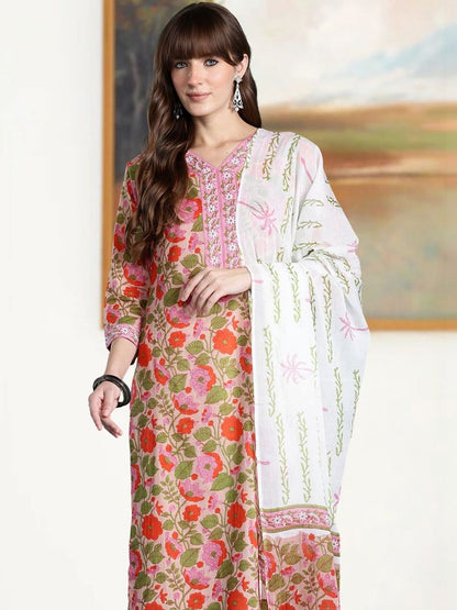 Women Floral Printed Regular Thread Work Pure Cotton Kurta with Salwar & With Dupatta