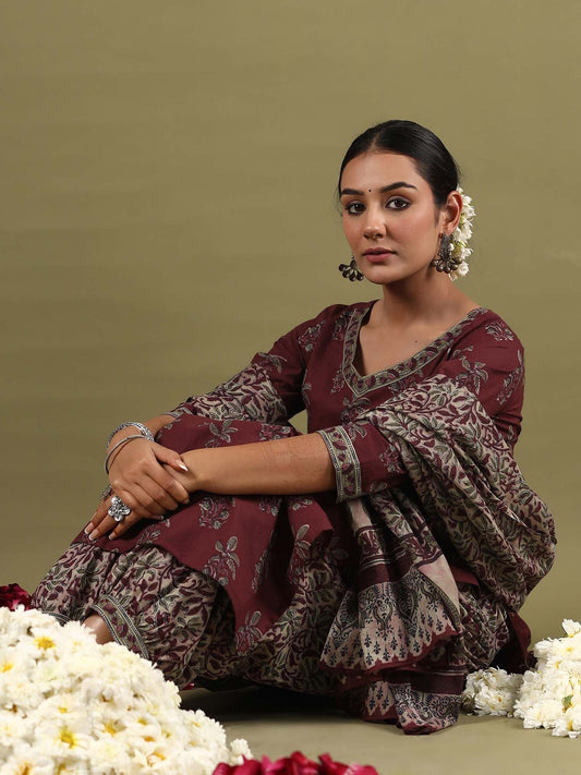 Dhiyona IE Floral Printed Pure Cotton Straight Kurta With Salwar & Dupatta