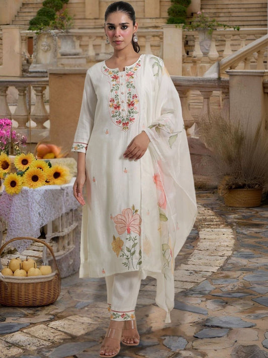 Women Floral Embroidered Regular Thread Work Kurta with Trousers & With Dupatta