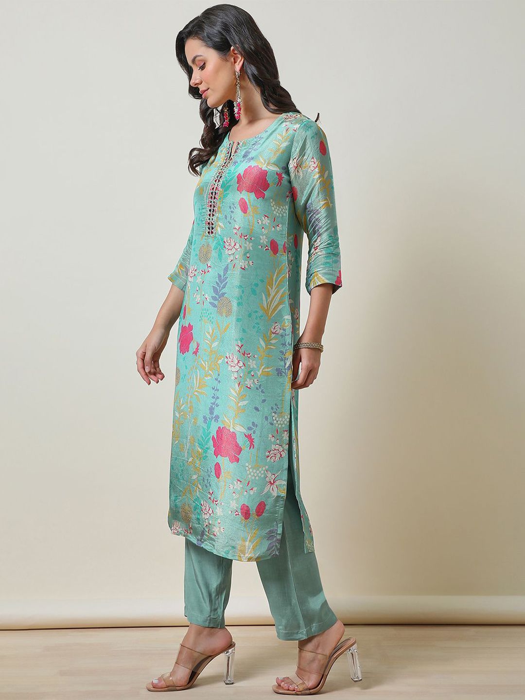 Dhiyona SO Women's Turquoise Blue Floral Printed Mirror Work Yoke Design Straight Kurta With Trousers