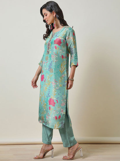 Dhiyona SO Women's Turquoise Blue Floral Printed Mirror Work Yoke Design Straight Kurta With Trousers