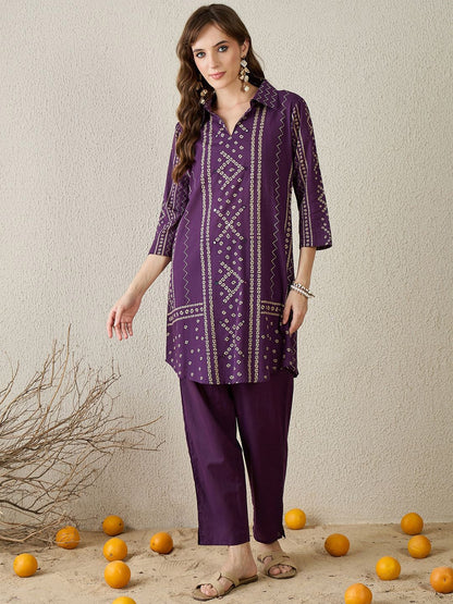 Dhiyona IE Bhandani Printed Pure Cotton Shirt Collar Top With Trousers Co-Ords