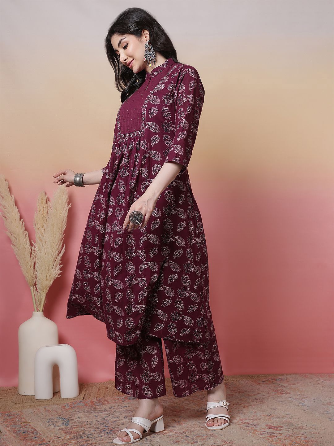 Dhiyona SN Women's Floral Printed Mandarin Collar Pure Cotton Anarkali Kurta With Trouser & Dupatta