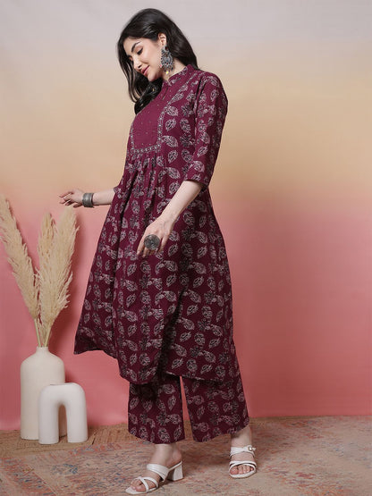 Dhiyona SN Women's Floral Printed Mandarin Collar Pure Cotton Anarkali Kurta With Trouser & Dupatta