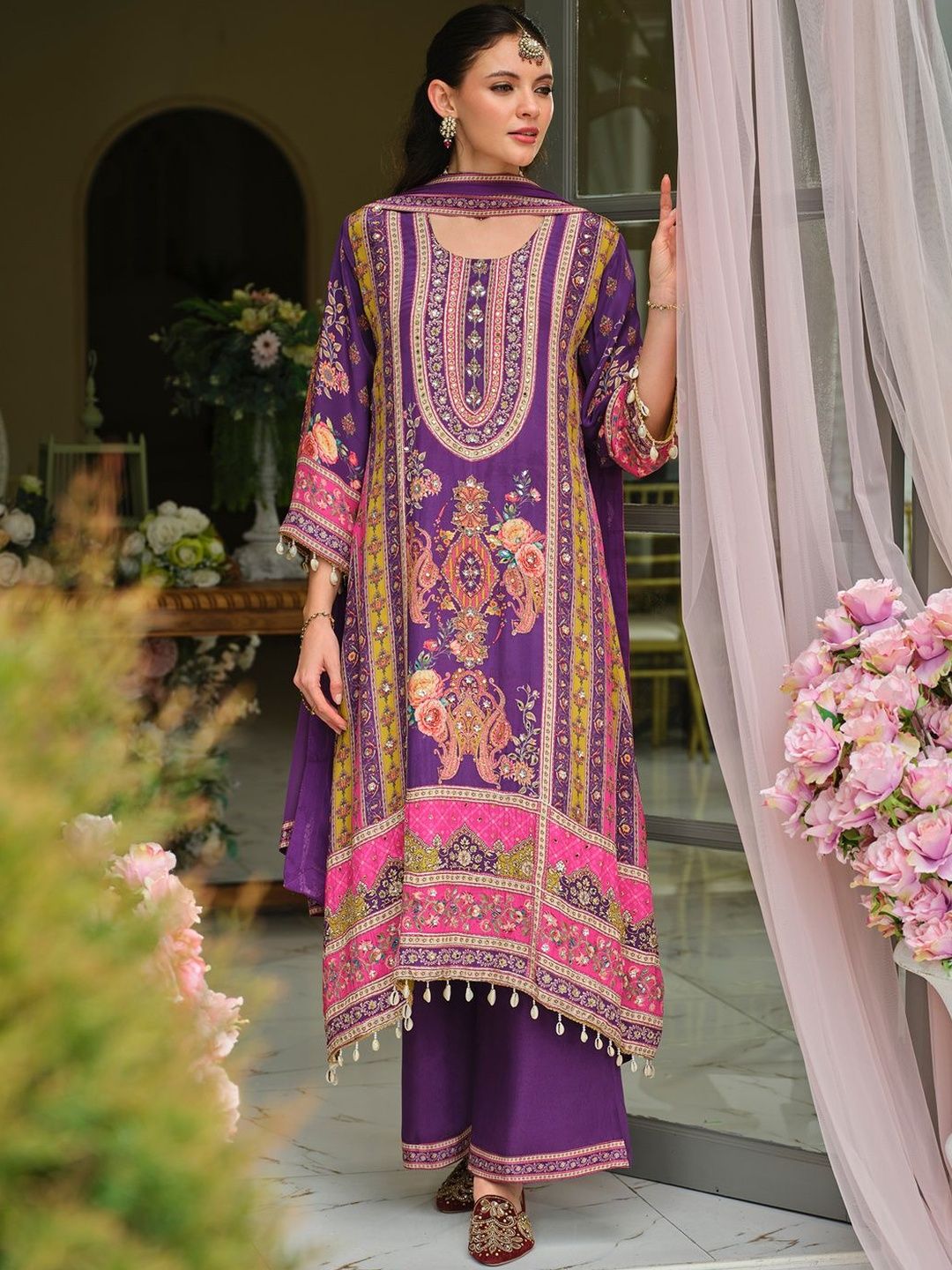 Ethnic Motifs Printed Regular Mirror Work A-Line Kurta With Palazzos & Dupatta