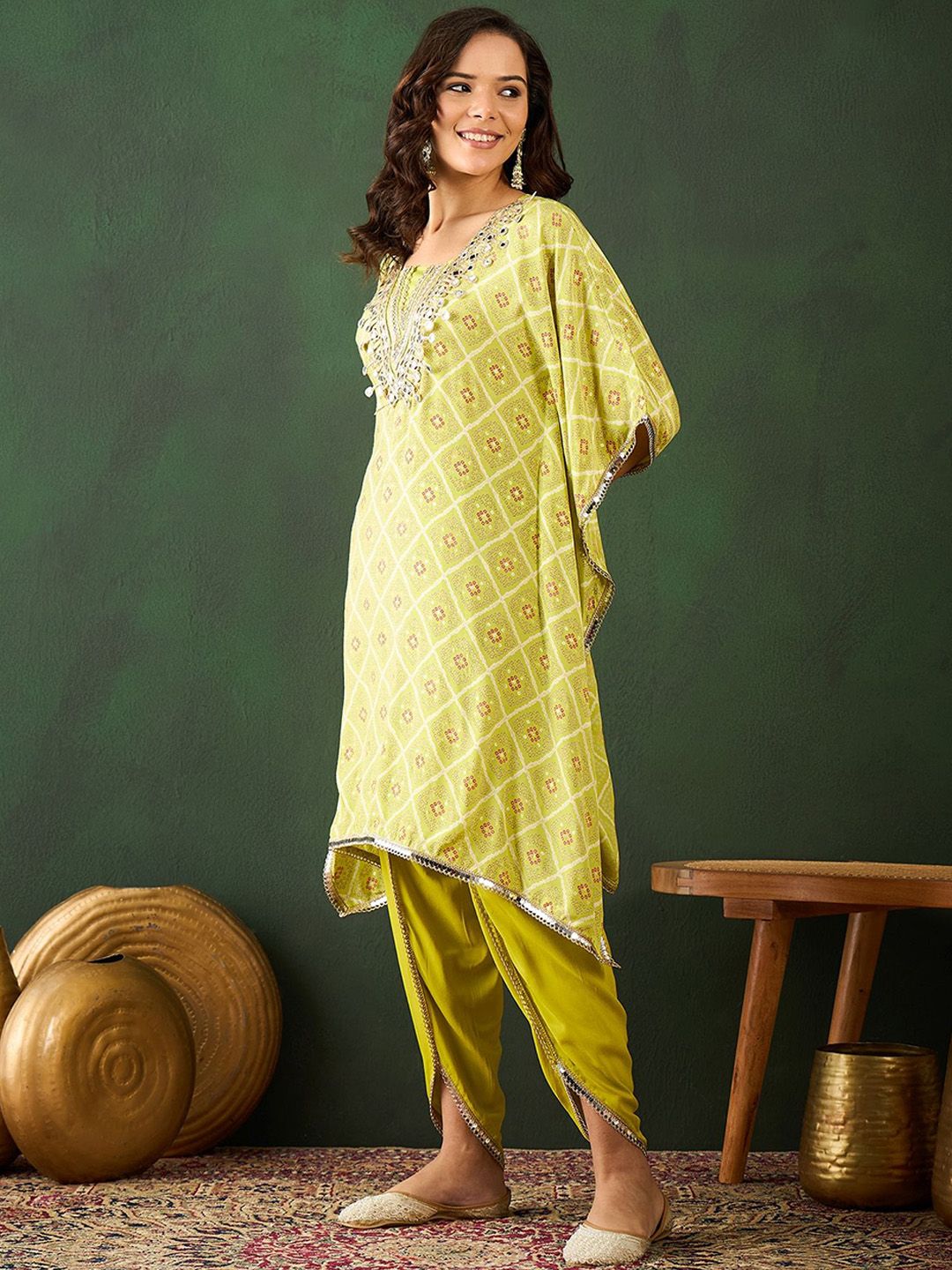 Dhiyona SN Women's Green Bandhani Printed Gotta Patti Asymmetric Kaftan With Dhoti Pant