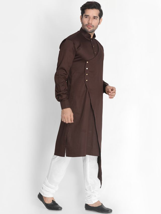 Men's Coffee Cotton Cotton Satin Asymmetric Kurta Pyjama Set