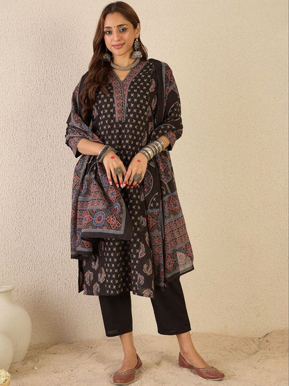 Women Ethnic Motifs Printed Regular Pure Cotton Kurta with Trousers & With Dupatta