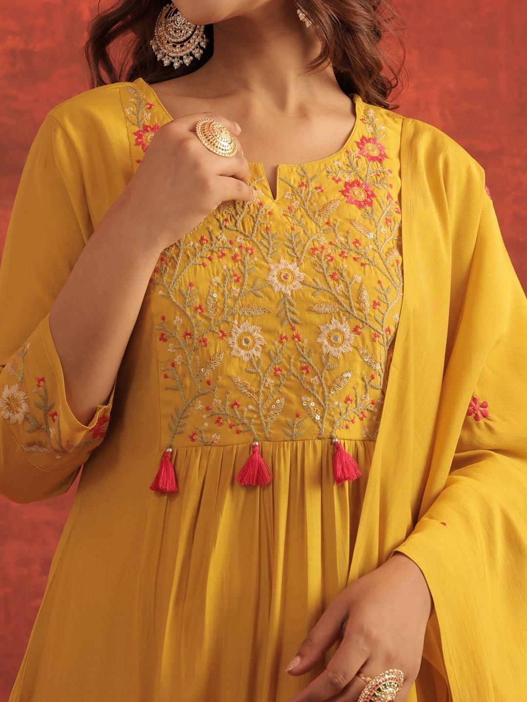 Women Floral Embroidered A-Line Kurta with Trousers & Dupatta