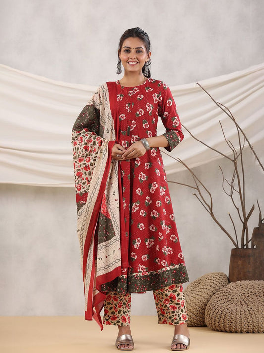 Dhiyona RR Women's Floral Printed Cotton A-Line Kurta with Palazzos & Dupatta