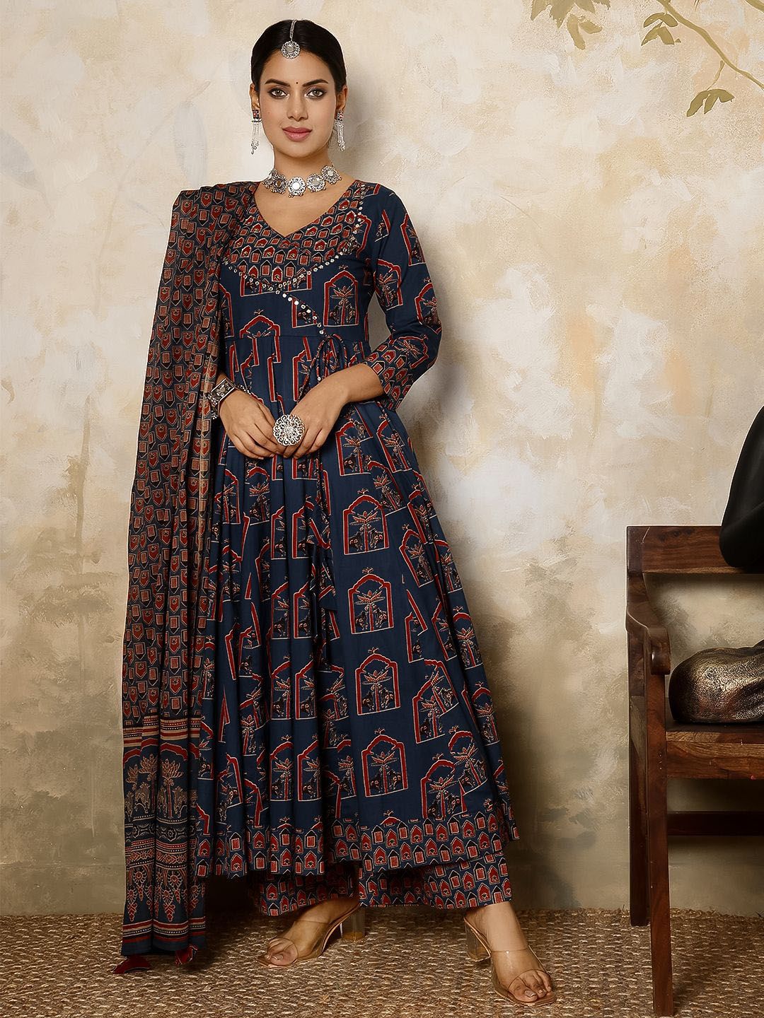Dhiyona SN Women's Printed Pure Cotton Flared V-Neck Kurta & Palazzo With Dupatta