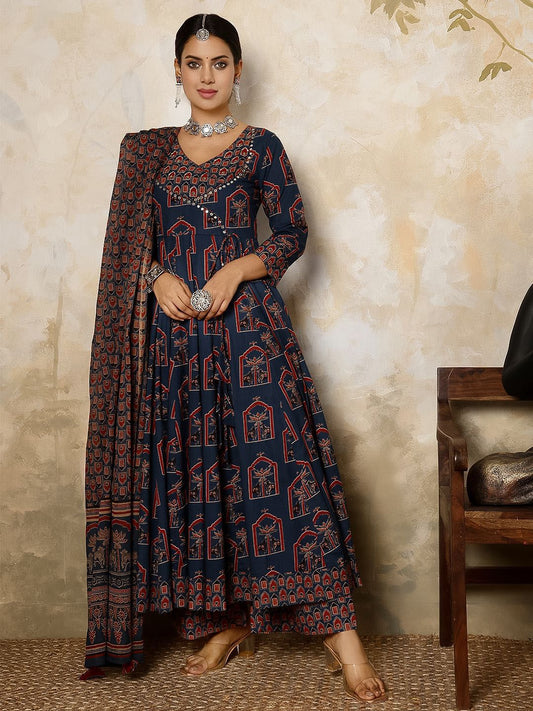 Dhiyona SN Women's Printed Pure Cotton Flared V-Neck Kurta & Palazzo With Dupatta