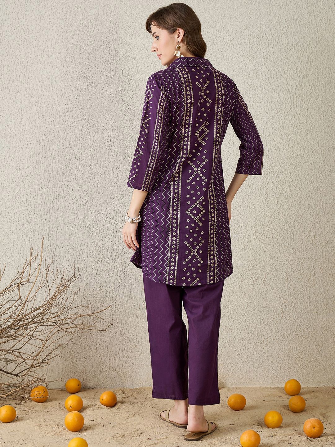 Dhiyona IE Bhandani Printed Pure Cotton Shirt Collar Top With Trousers Co-Ords