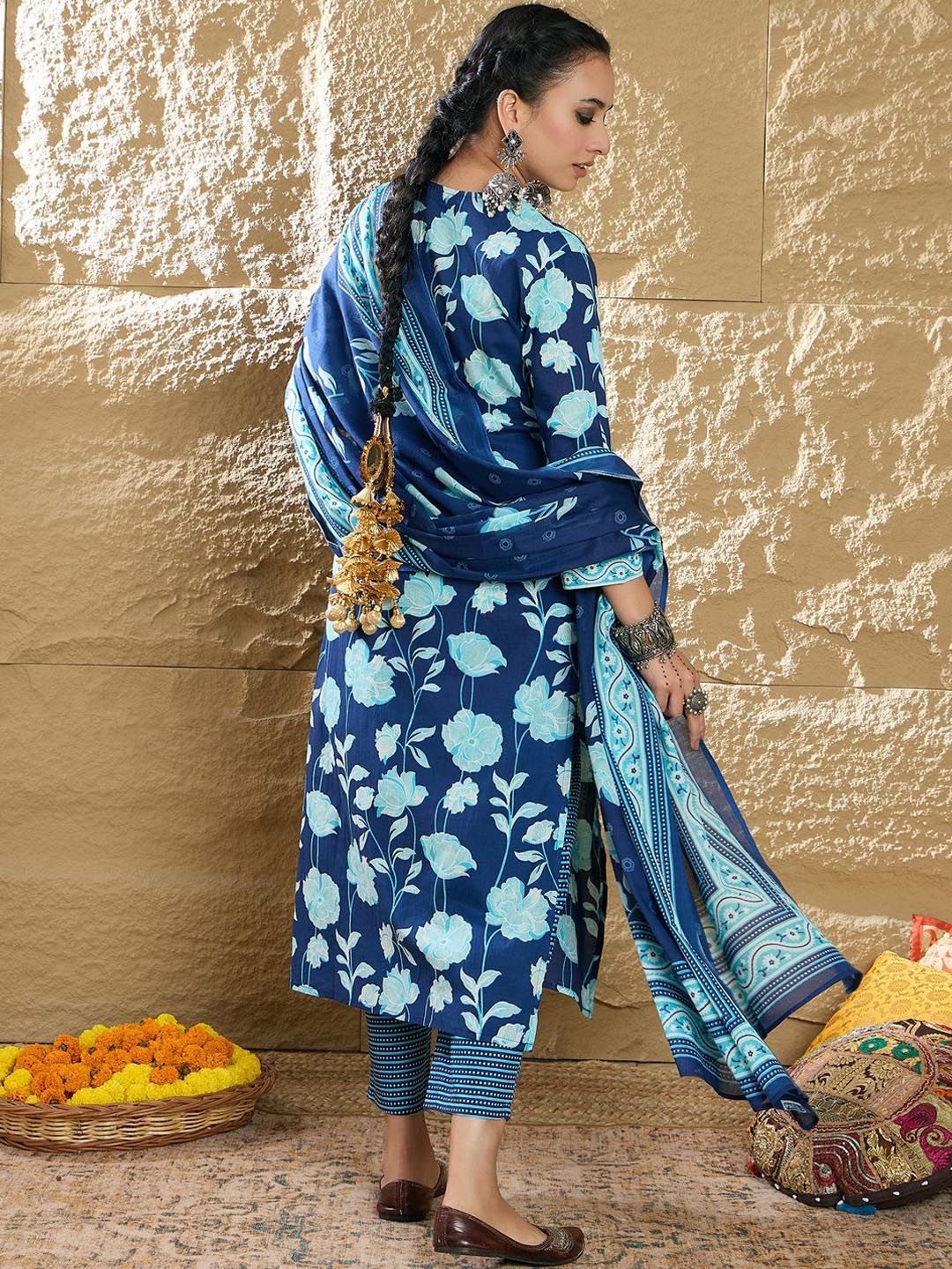 Dhiyona IE Women Floral Printed Regular Pure Cotton Kurta with Trousers & Dupatta