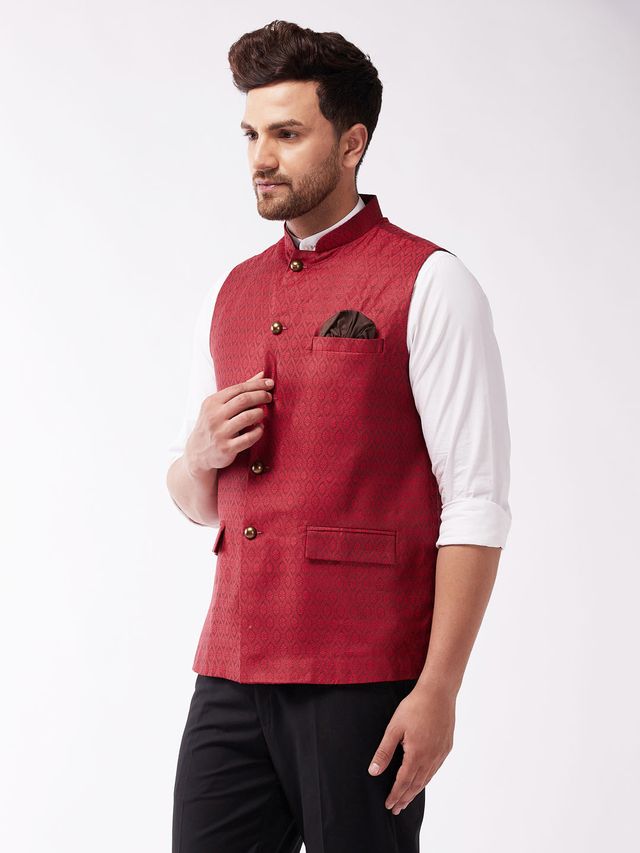 Men's Maroon Silk Blend Straight Nehru Jacket