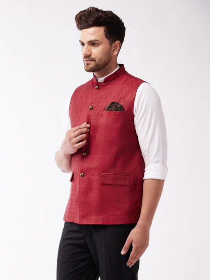 Men's Maroon Silk Blend Straight Nehru Jacket