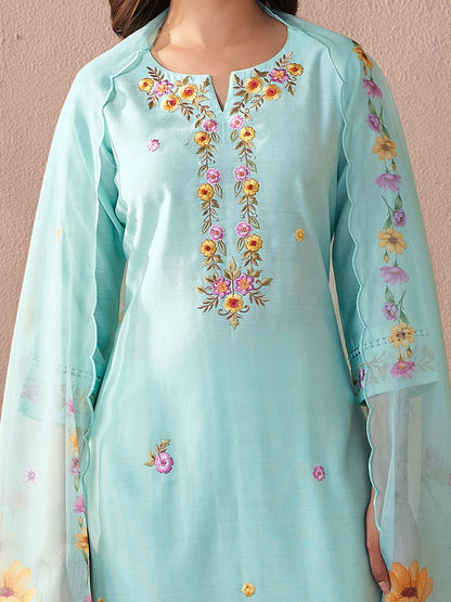 Dhiyona IE Floral Embroidered Notch Neck Straight Kurta With Trouser And Dupatta
