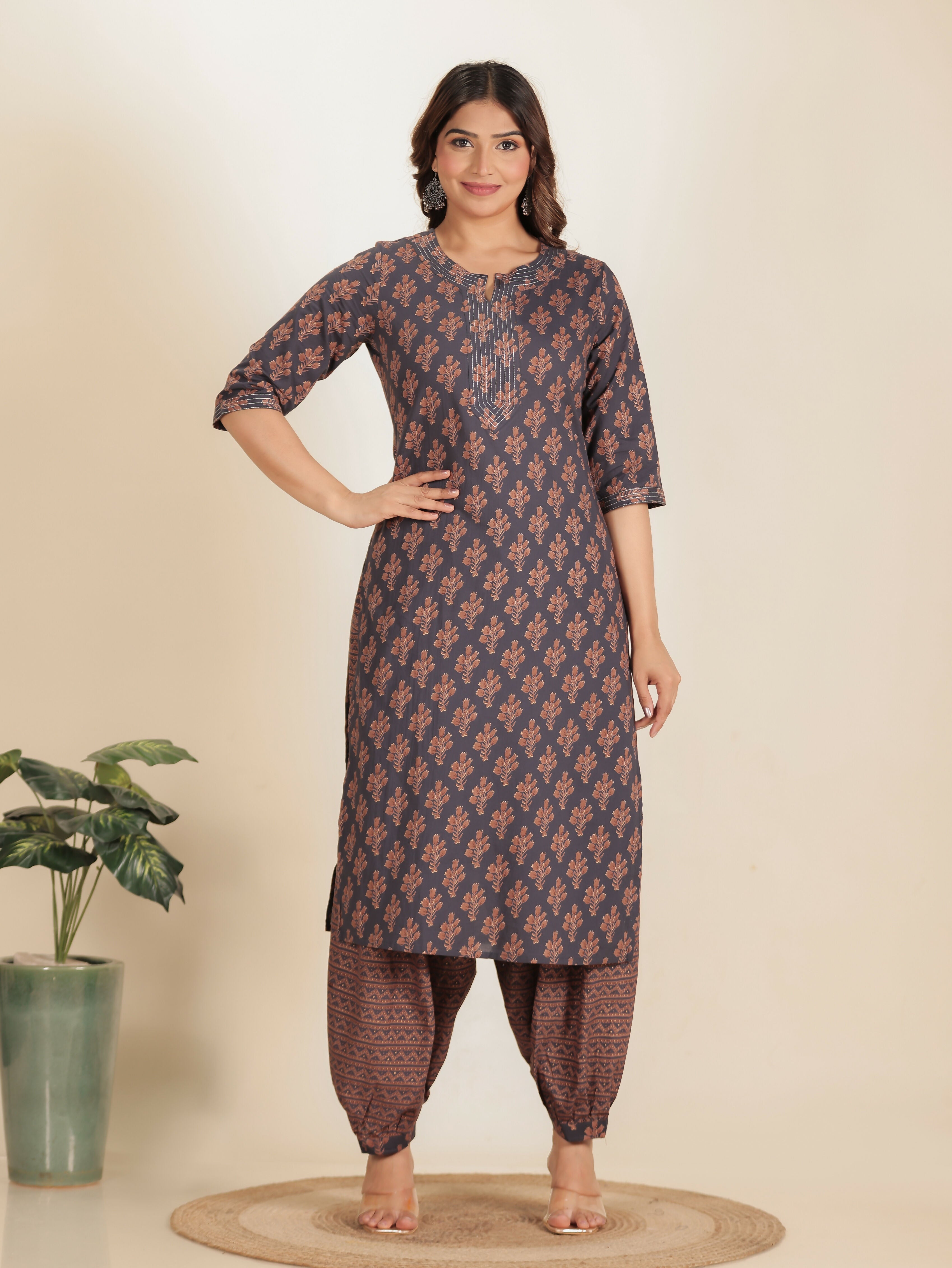 Women's Straight Soft Cotton Floral Print Women's Kurta Set - Grey