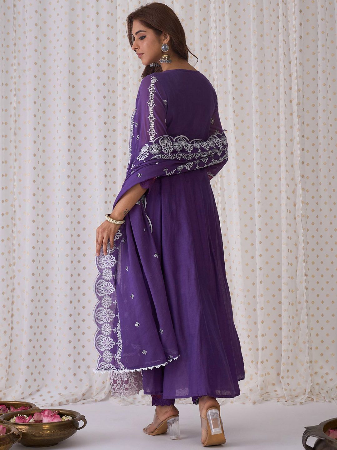 Ethnic Motifs Embroidered Pure Cotton A-Line Kurta Trousers & Dupatta
