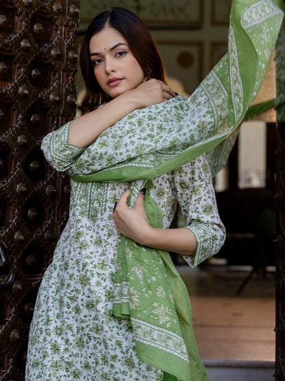 Floral Printed Pure Cotton Straight Kurta With Trouser And Dupatta