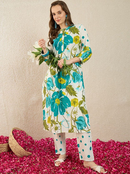 Women Floral Printed Regular Pure Cotton Kurta with Trousers
