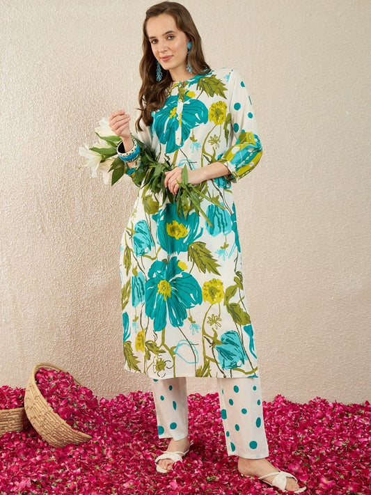 Women Floral Printed Regular Pure Cotton Kurta with Trousers