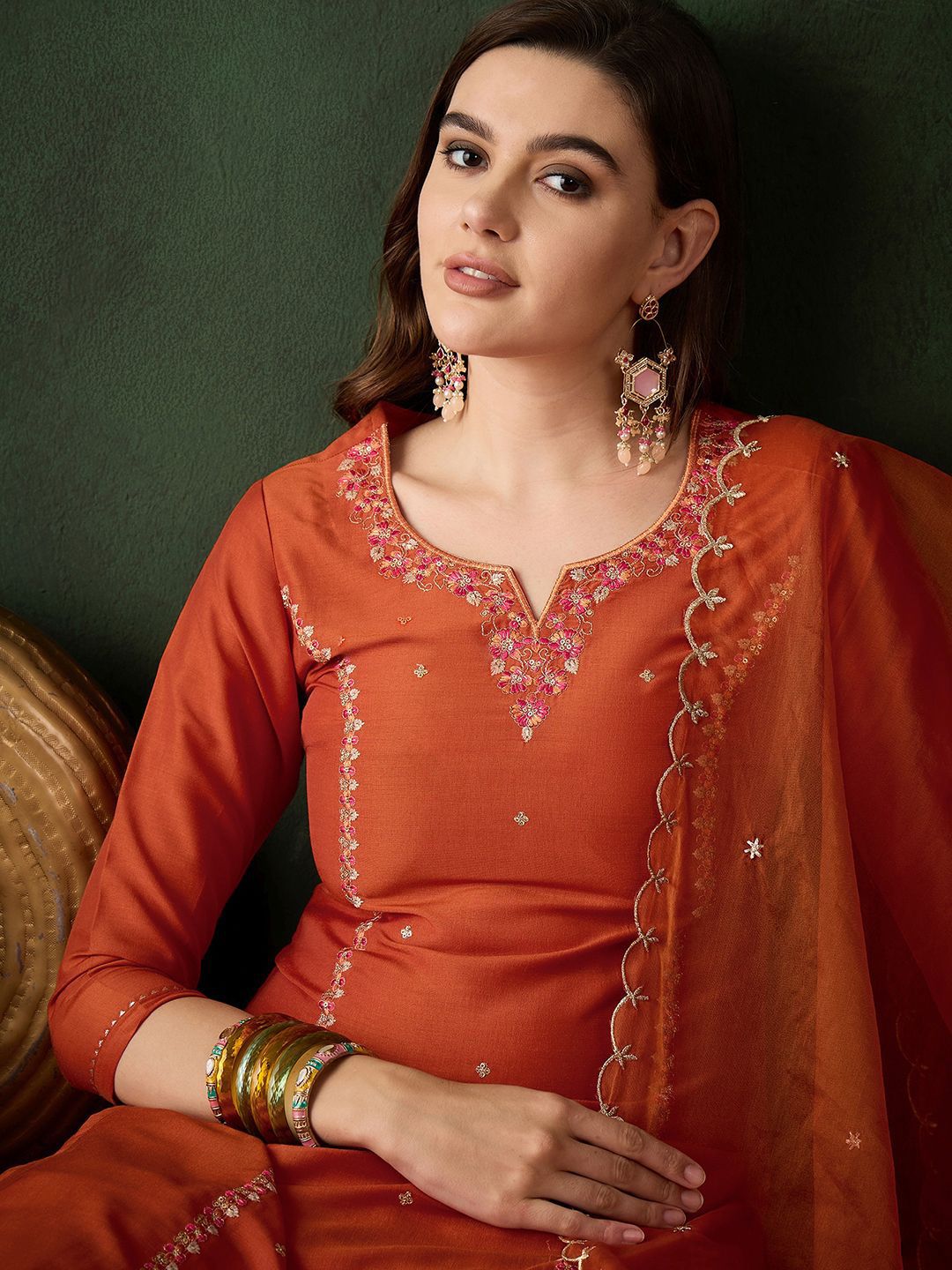 Dhiyona SN Women's Floral Embroidered Sequinned Straight Kurta & Trouser With Dupatta