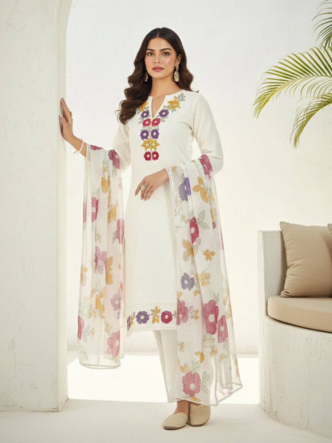 Dhiyona CH Women Floral Embroidered Regular Thread Work Kurta with Trousers & With Dupatta
