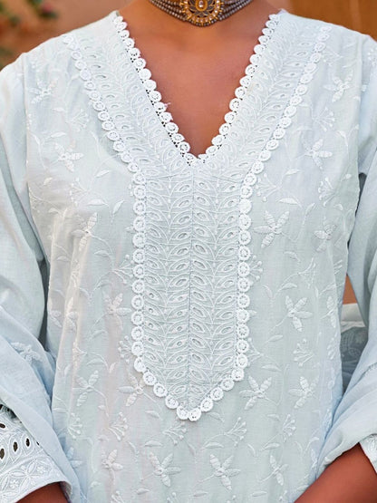 Women Ethnic Motifs Embroidered Regular Chikankari Pure Cotton Kurta with Trousers & With Dupatta