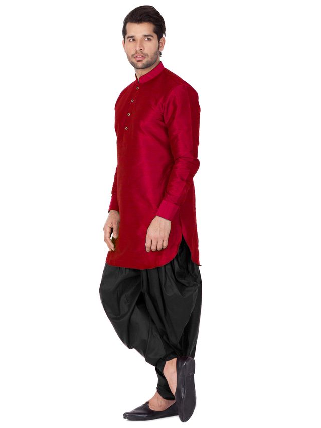 Men's Maroon Silk Blend Pathani Kurta and Dhoti Set