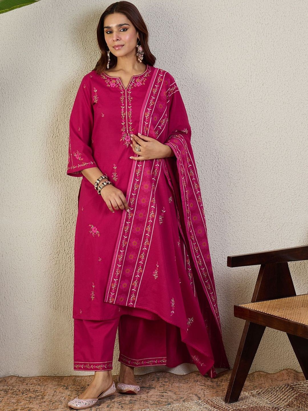 Ethnic Motifs Embroidered Thread Work Pure Cotton Kurta with Trouser & Dupatta