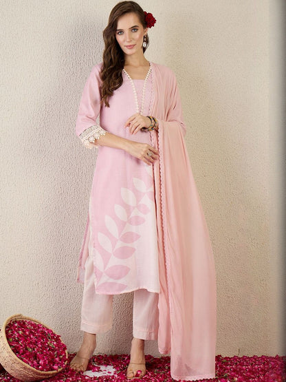 Women Floral Printed Linen Kurta with Trousers & Dupatta