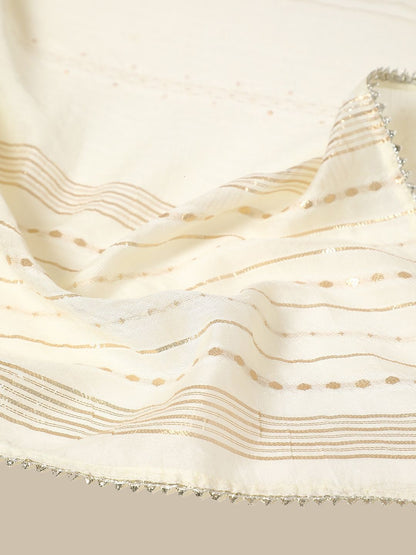 Dhiyona SO Women's Off White Floral Embroidered Round Neck Mirror Work Kurta With Trousers & Dupatta