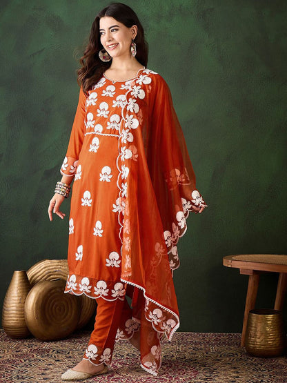 Dhiyona SN Women's Embroidered Thread Work Notch Neck Straight Kurta & Trousers With Dupatta