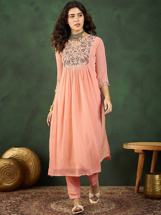 Dhiyona SN Women's V-Neck Embroidered Kurta Sets
