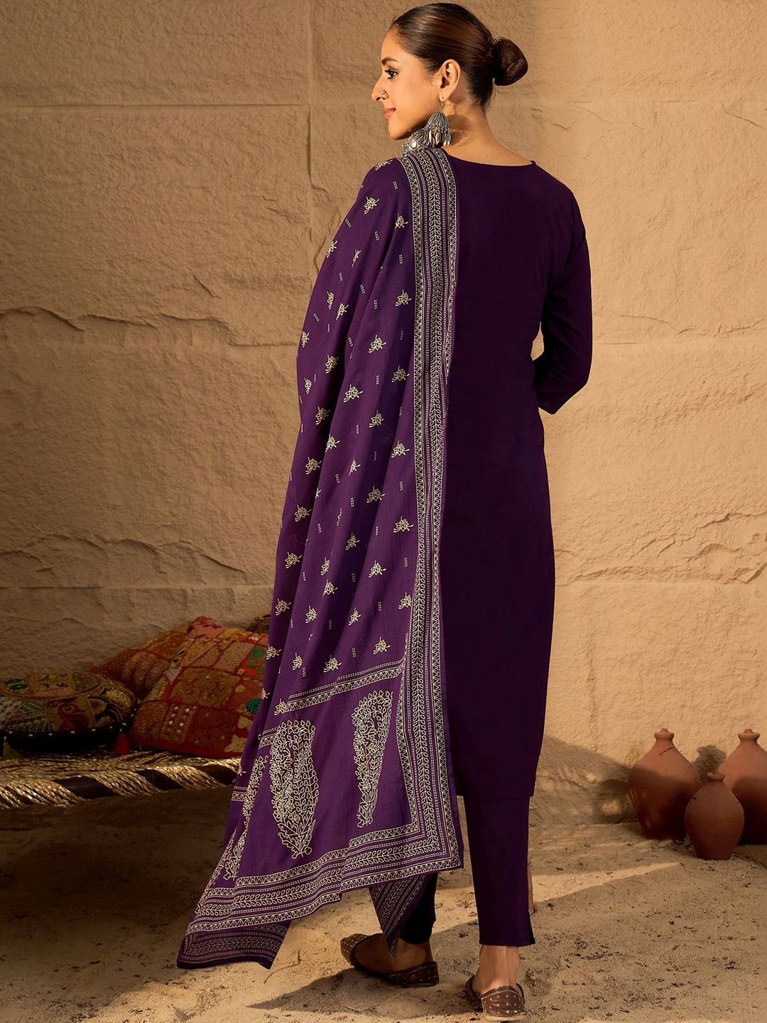 Women Ethnic Motifs Embroidered Regular Thread Work Pure Cotton Kurta with Trousers & With Dupatta