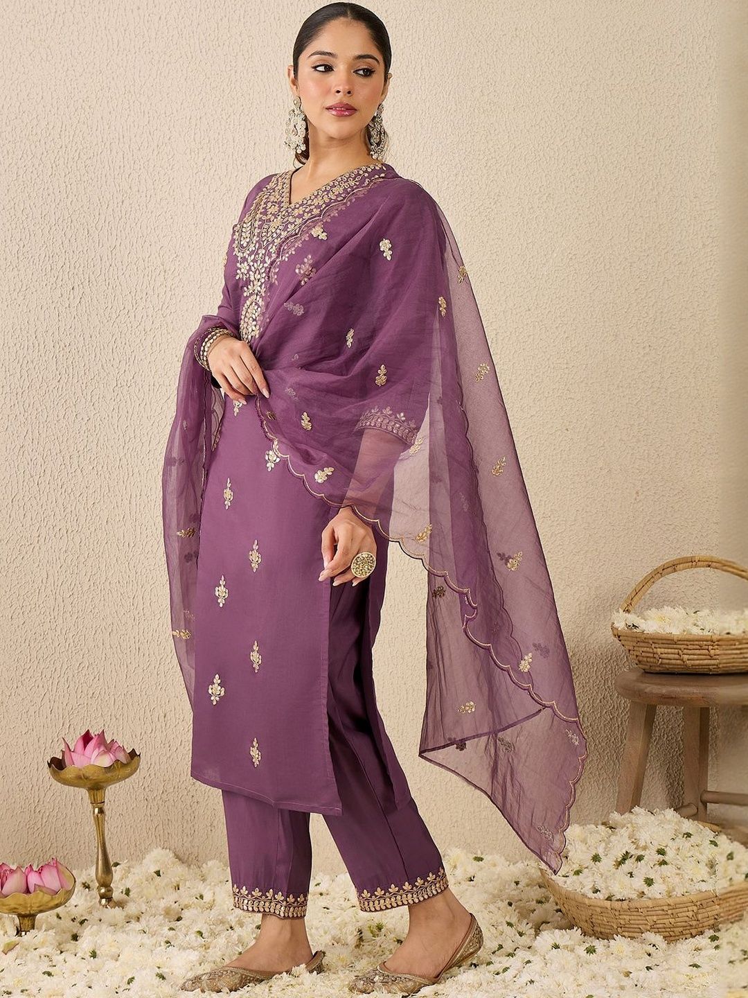 Women Embroidered Sequinned Regular Straight Kurta With Trousers & Dupatta