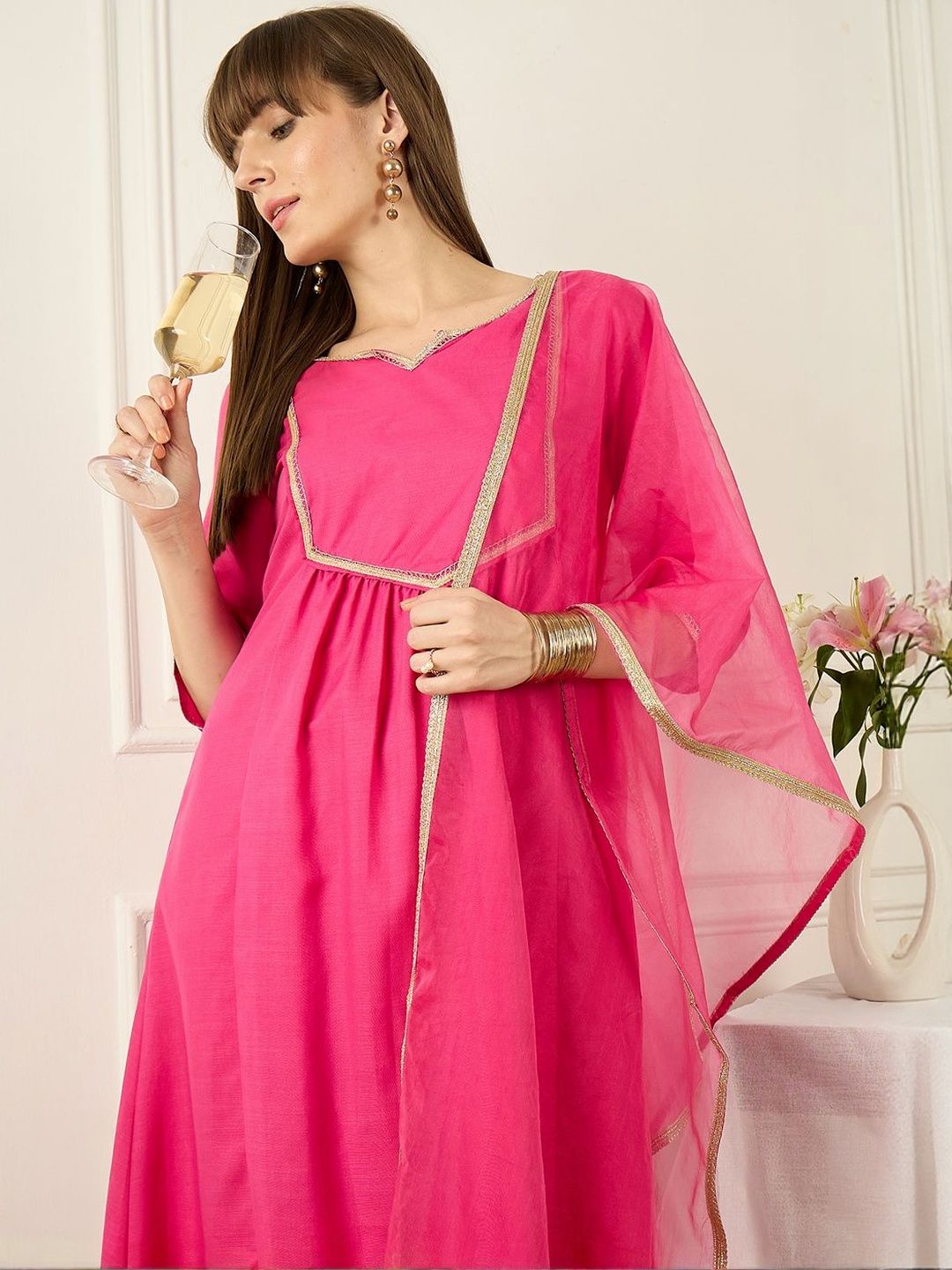 Floral Printed Thread Work Pure Cotton Kurta With Palazzos