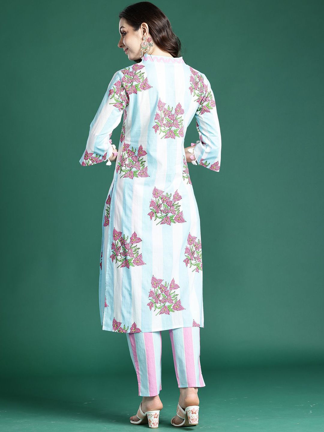 Dhiyona IE Indo era Printed Pure Cotton V Neck Top With Trousers Co-Ords Set