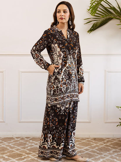 Dhiyona SN Women's Printed Mandarin Collar A-Line Kurta & Palazzo Kurta Set