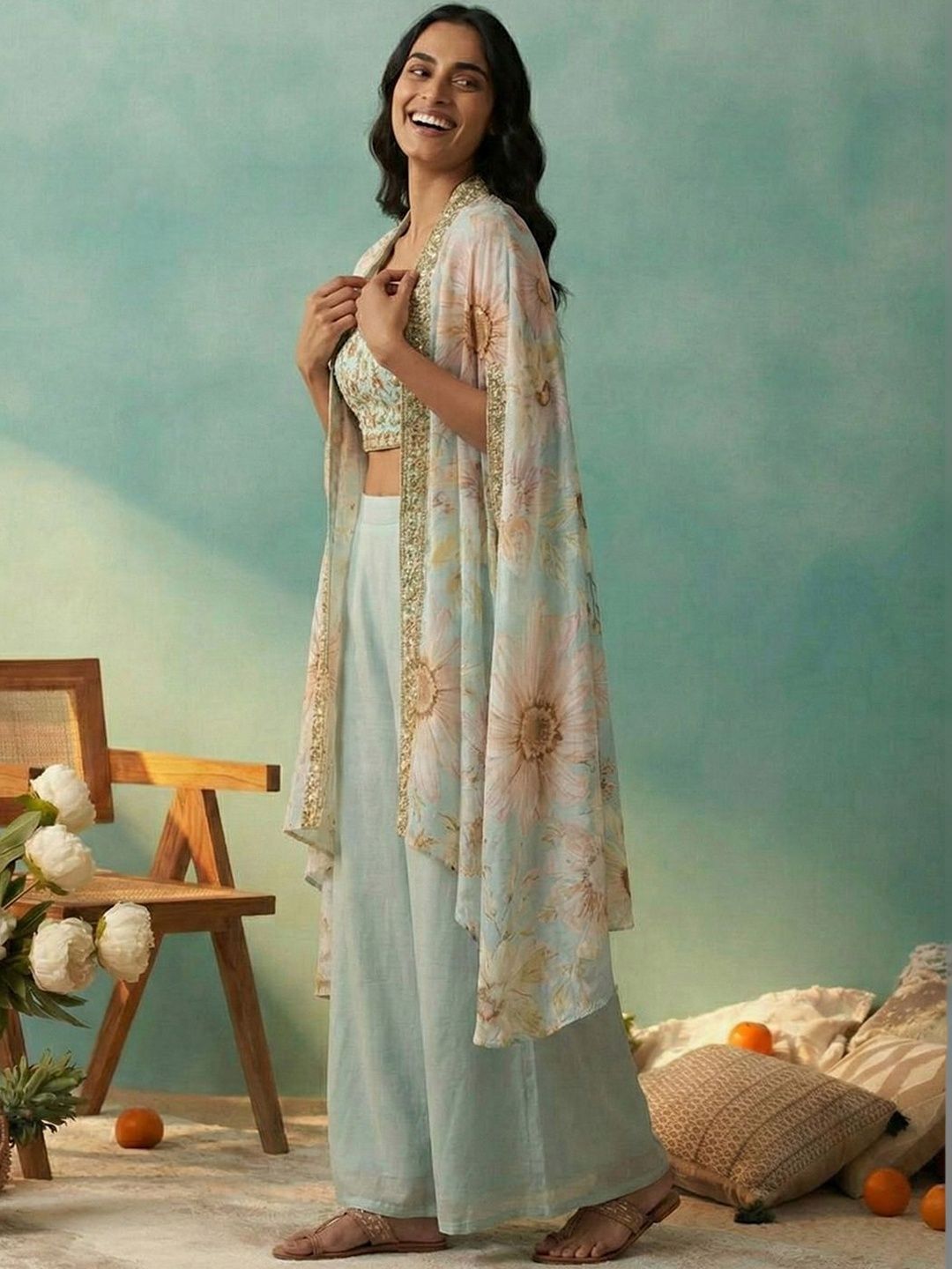 Dhiyona CH Women Floral Printed Layered Sequinned Kurta with Palazzos & With Dupatta