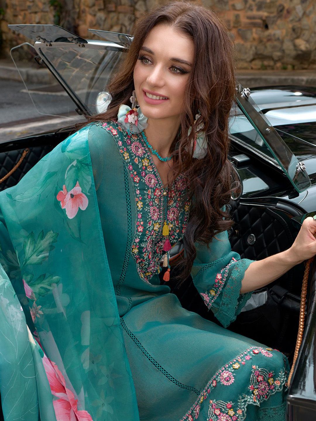 Floral Embroidered Thread Work Kurta With Trousers & Dupatta