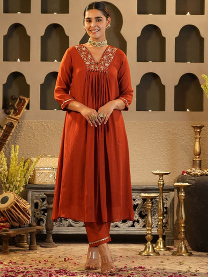 Floral Yoke Design V Neck Zari Chanderi Silk A-Line Kurta & Trousers