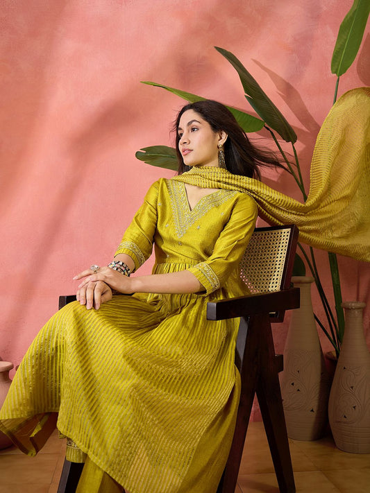Dhiyona SN Women's Mustard Floral Embroidered V-Neck Kurta With Pant And Dupatta