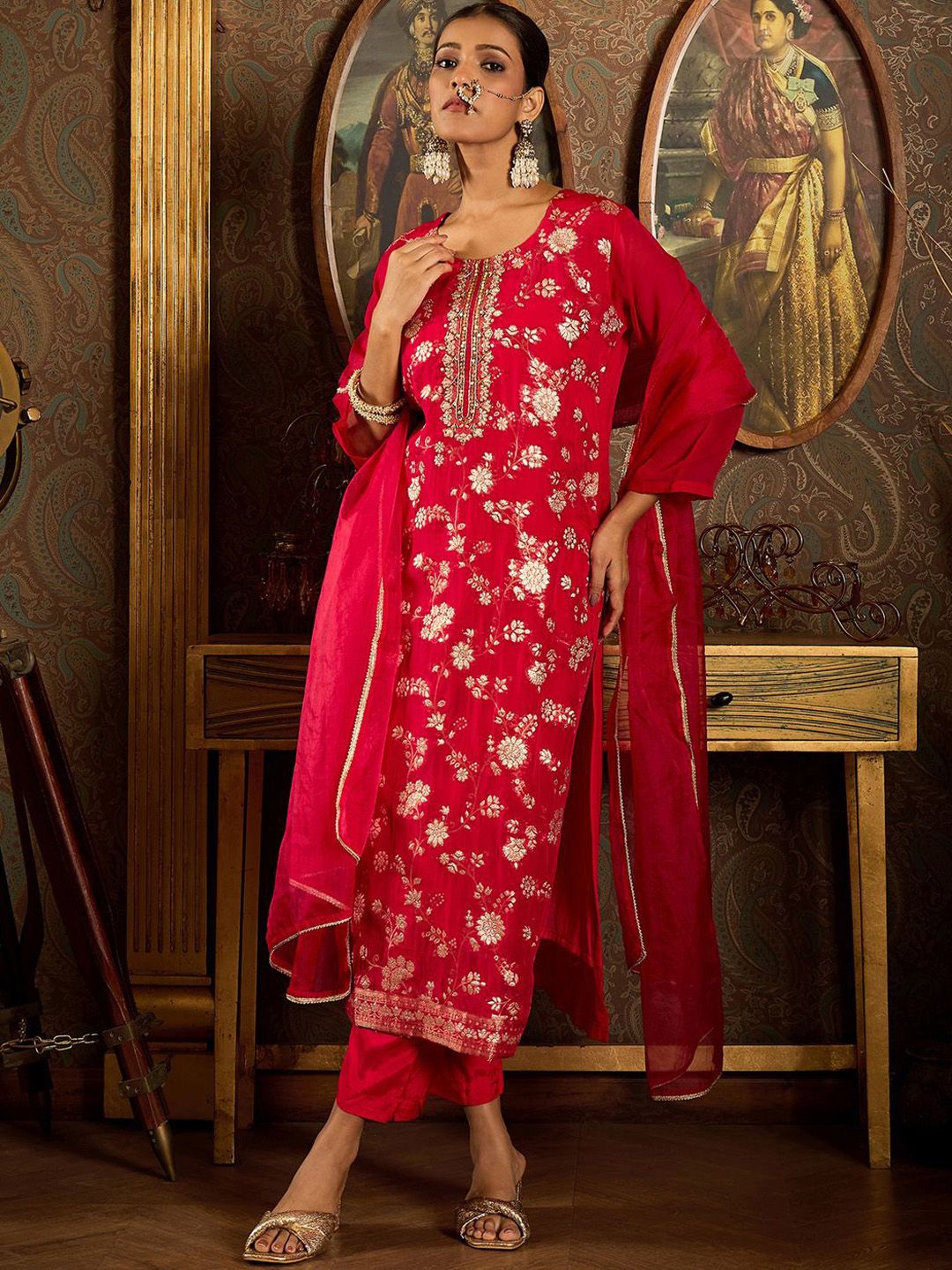 Floral Zari Embroidered Straight Kurta with Trouser & Dupatta