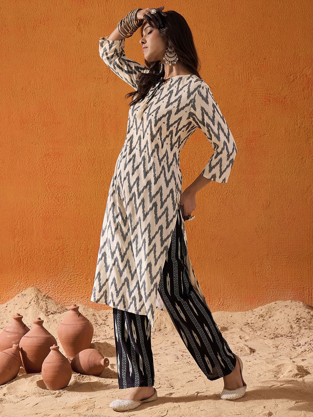 Dhiyona IE White Geometric Printed Tie Up Neck Liva Kurta with Trousers