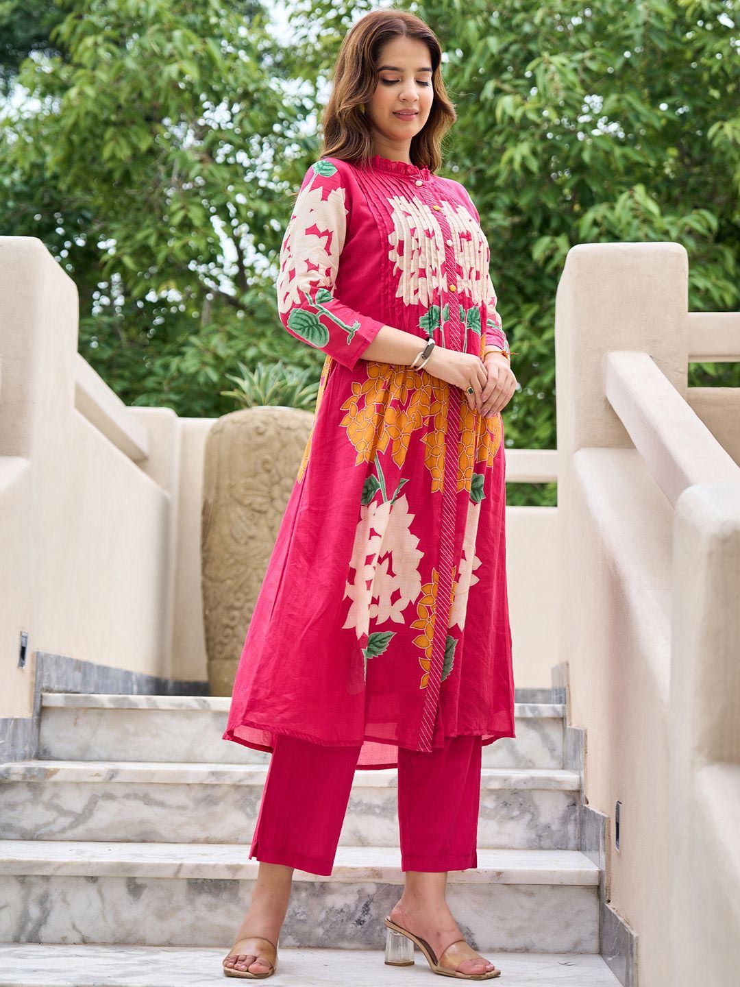 Floral Printed Mandarin Collar Pleated Pure Cotton A-Line Kurta With Trousers