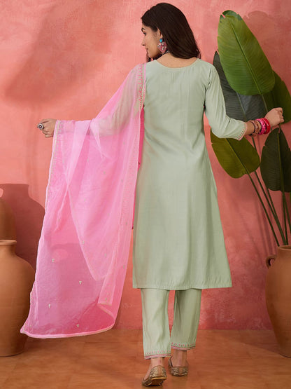 Dhiyona SN Women's Floral Yoke Design V-Neck Pleated Sequinned A-Line Kurta With Trousers & Dupatta