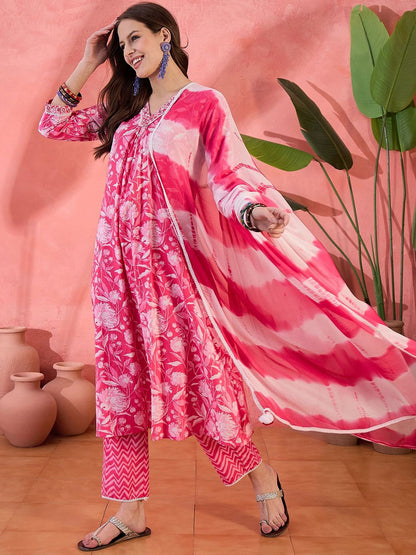 Dhiyona SN Women's Pink Floral Printed Pure Cotton A-Line Kurta With Trouser And Dupatta