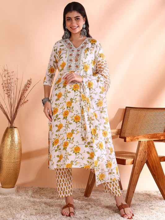 Dhiyona OD  Floral Printed Sequinned Pure Cotton Kurta With Trouser & Dupatta
